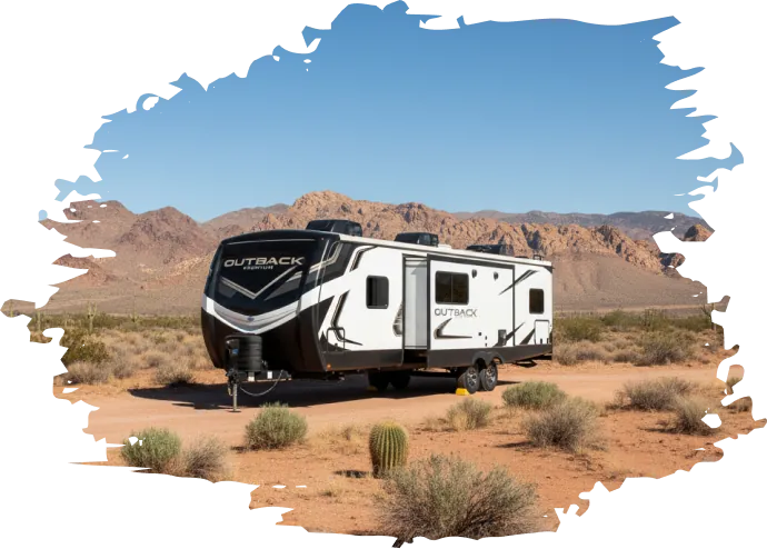 Travel trailer RV rental parked in the desert for a Glamis Sand Dunes camping trip