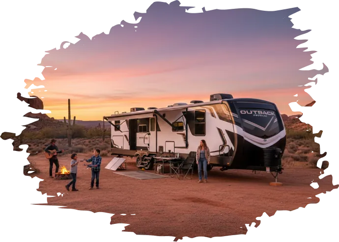 Family camping beside a travel trailer RV rental near the Glamis Sand Dunes at sunset