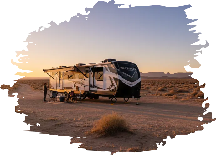 RV rental campsite setup in the desert near Glamis Sand Dunes at golden hour